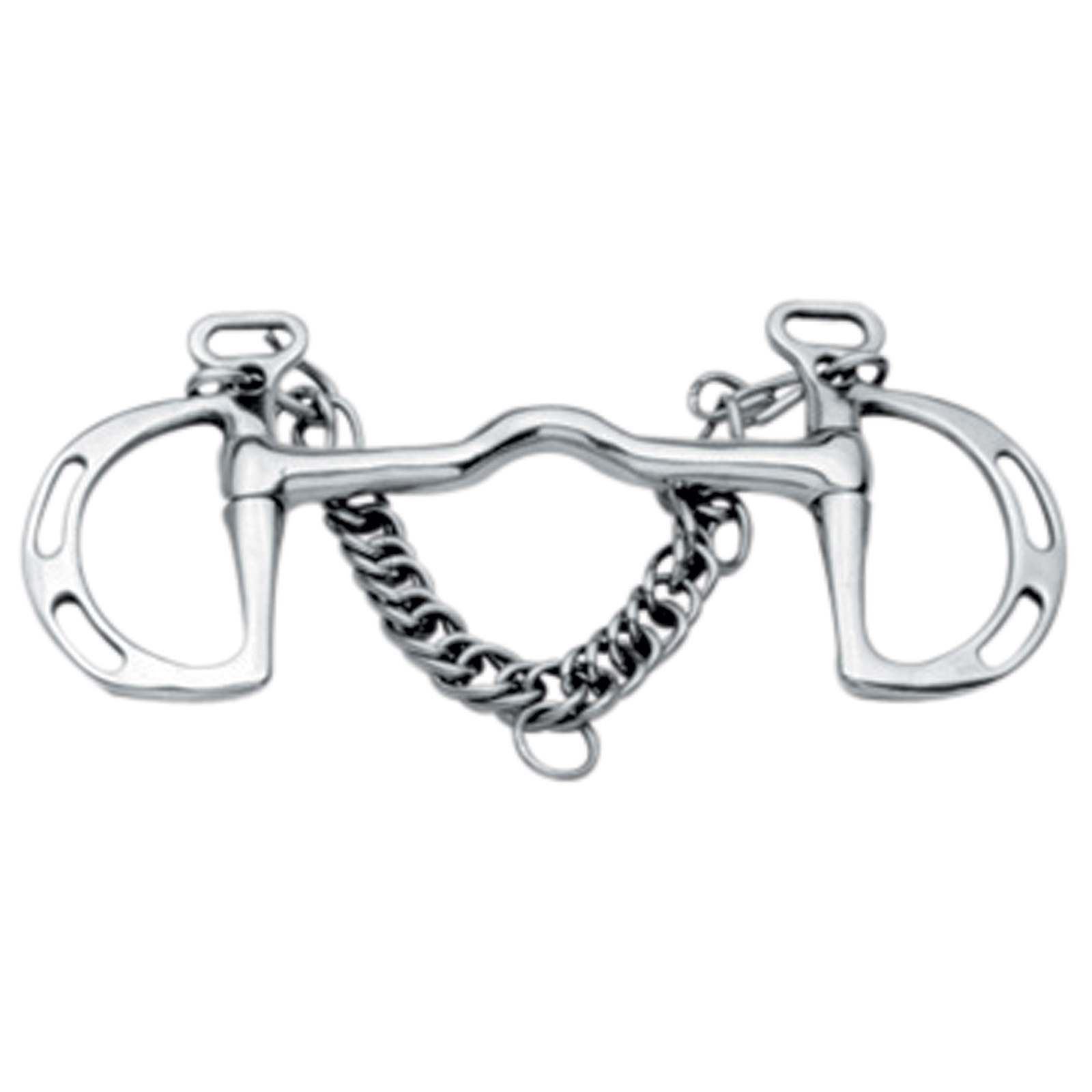 Korsteel kimblewick bitt i rustfritt st&aring;l med Cambridge munnstykke og bittringer med hull